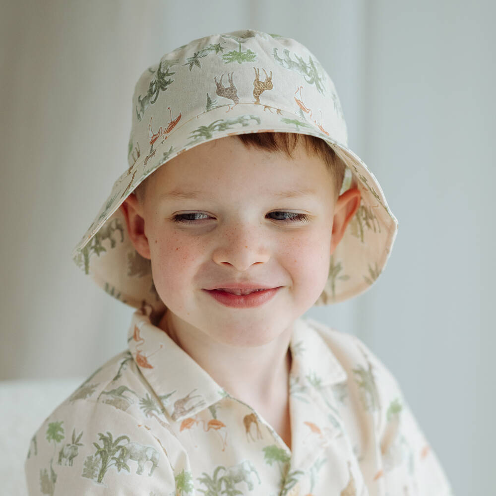 Jamiks-Boys Beige Safari Print Cotton Bucket Hat | Childrensalon