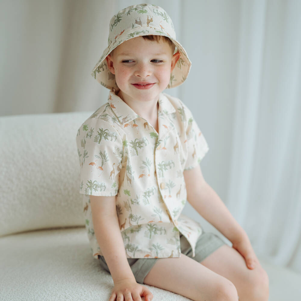 Jamiks-Boys Green Cotton & Linen Safari Print Shorts Set | Childrensalon