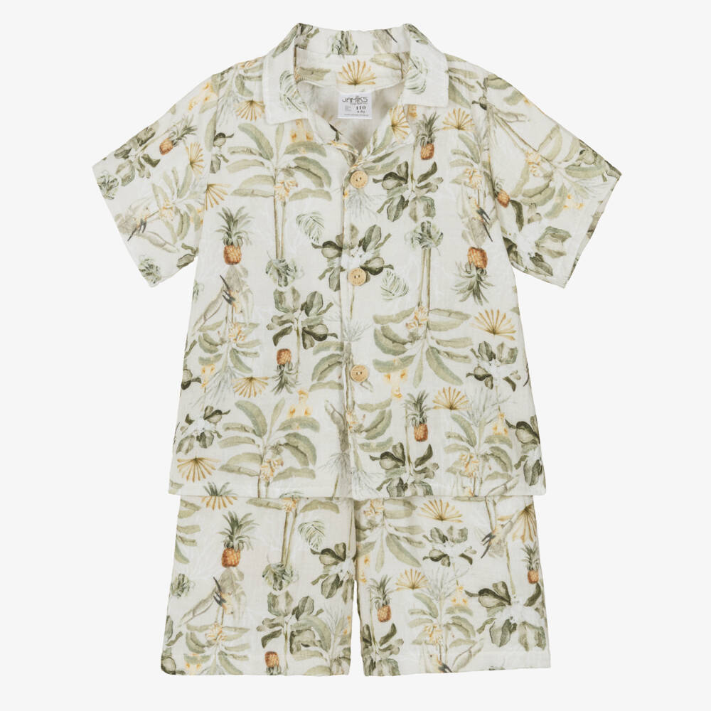 Jamiks-Boys Green Muslin Shorts Set with Tropical Print | Childrensalon