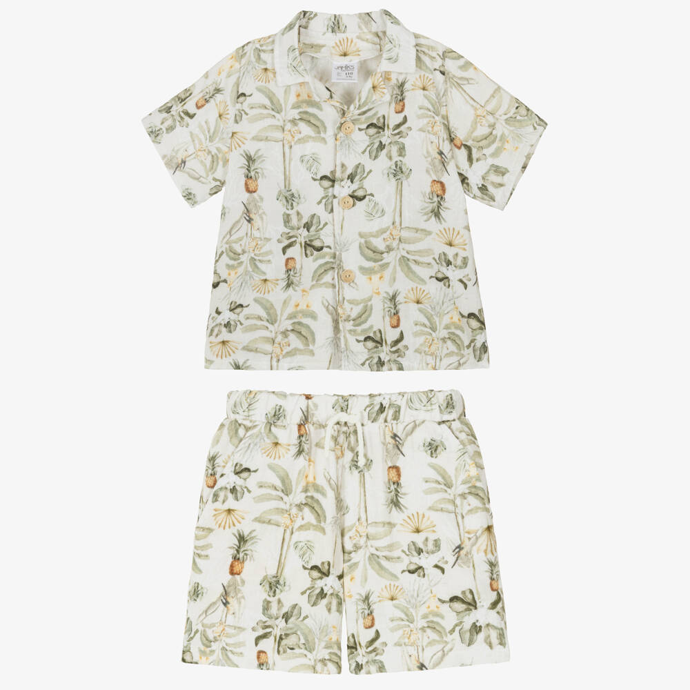 Jamiks-Boys Green Muslin Shorts Set with Tropical Print | Childrensalon