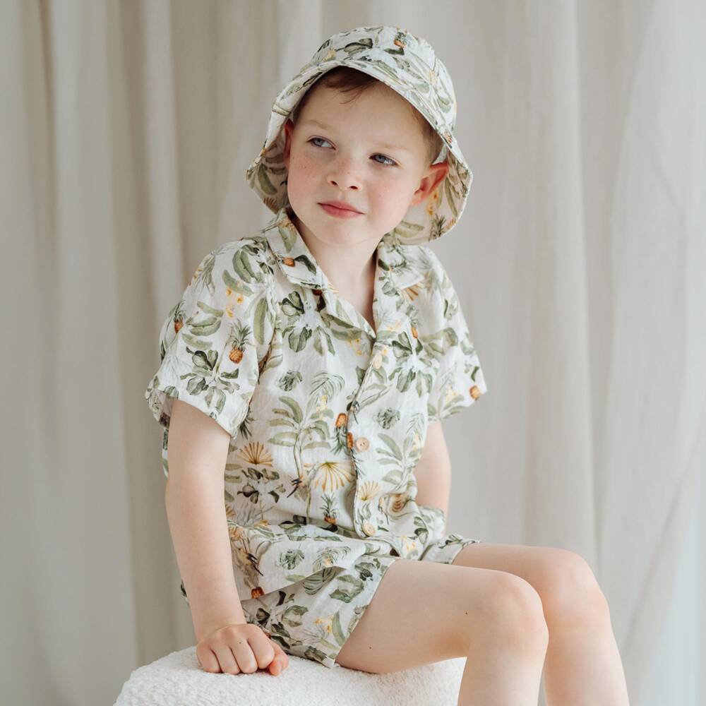 Jamiks-Boys Green Muslin Shorts Set with Tropical Print | Childrensalon