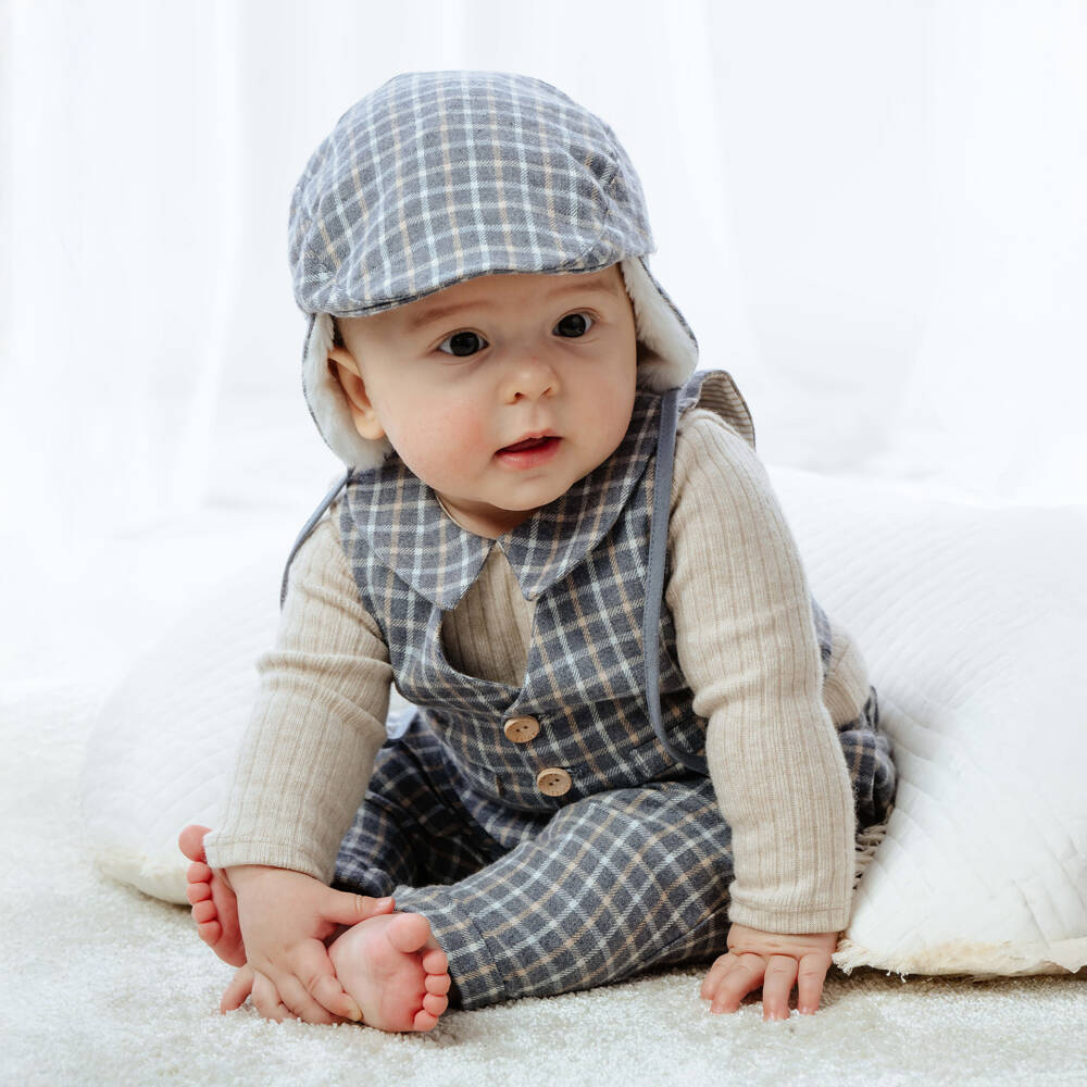 Jamiks-Boys Grey & Beige Check Cotton Trousers | Childrensalon