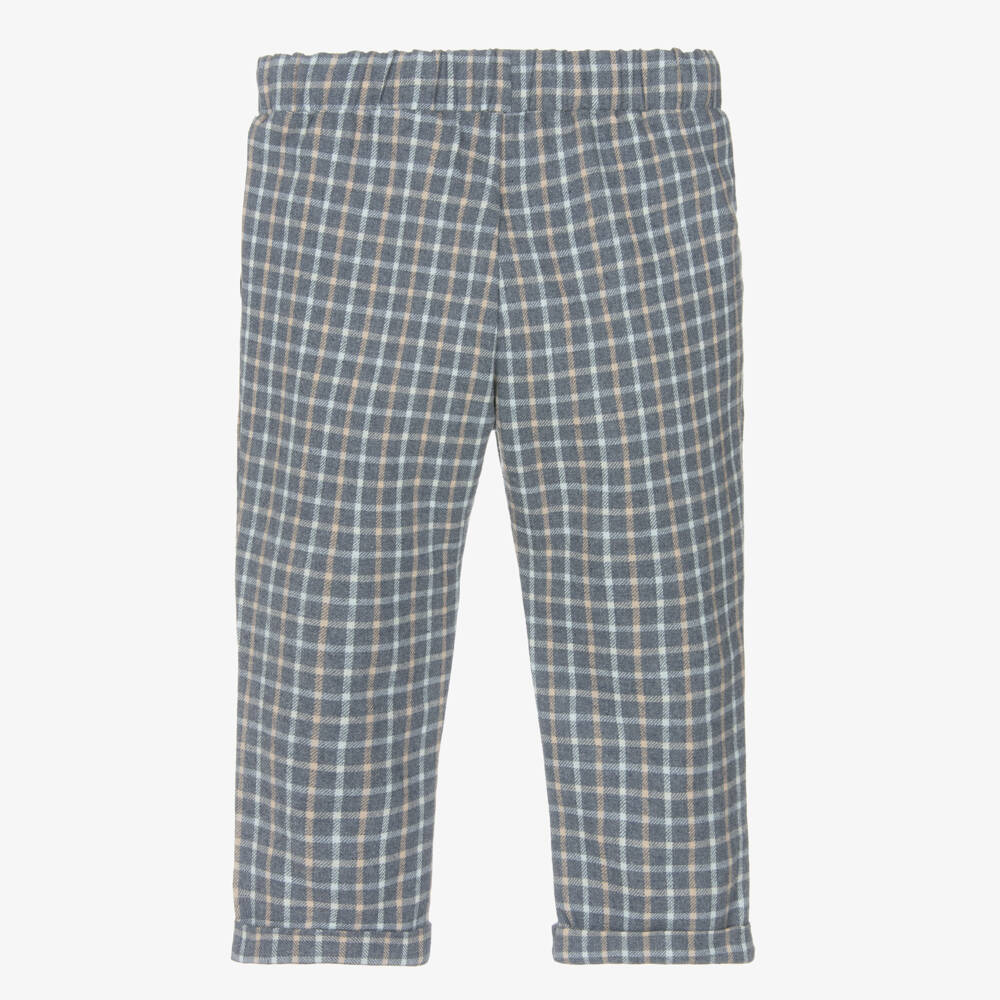 Jamiks-Boys Grey & Beige Check Cotton Trousers | Childrensalon