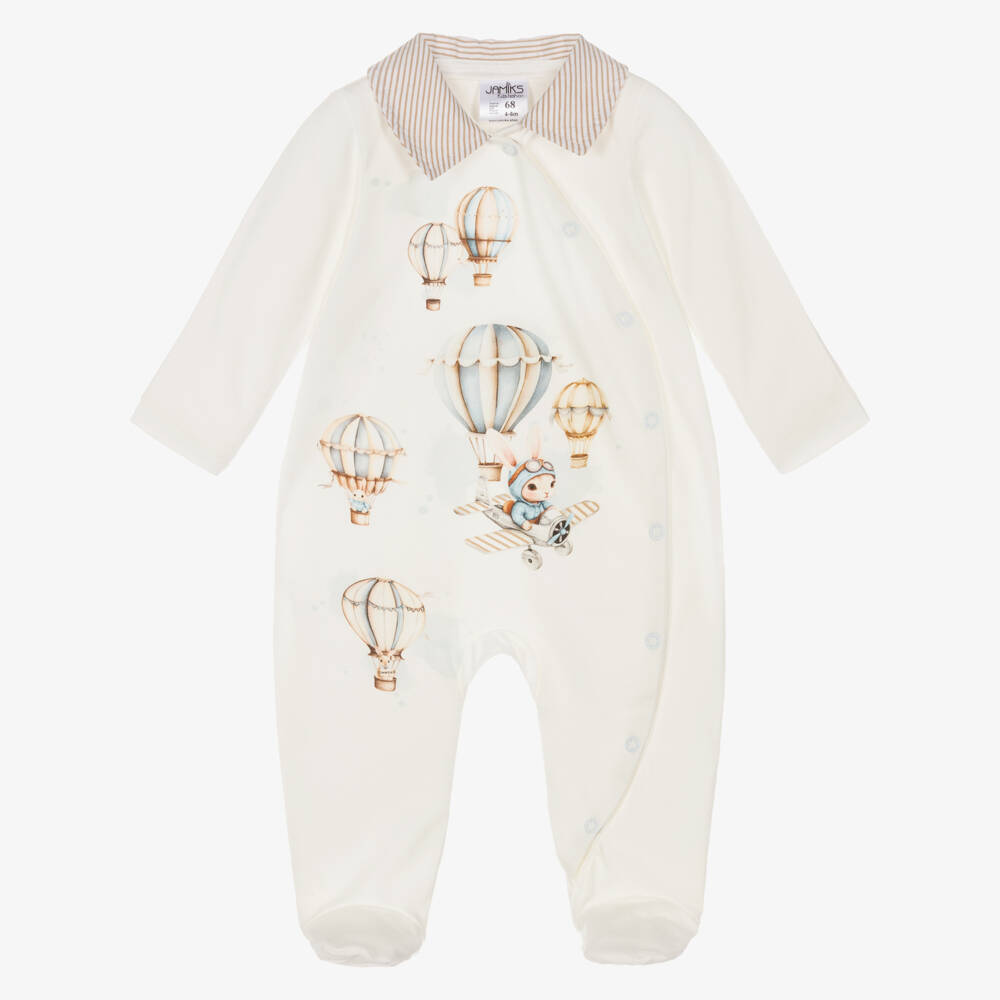 Jamiks-Boys Ivory Cotton Hot Air Balloon Print Babygrow | Childrensalon
