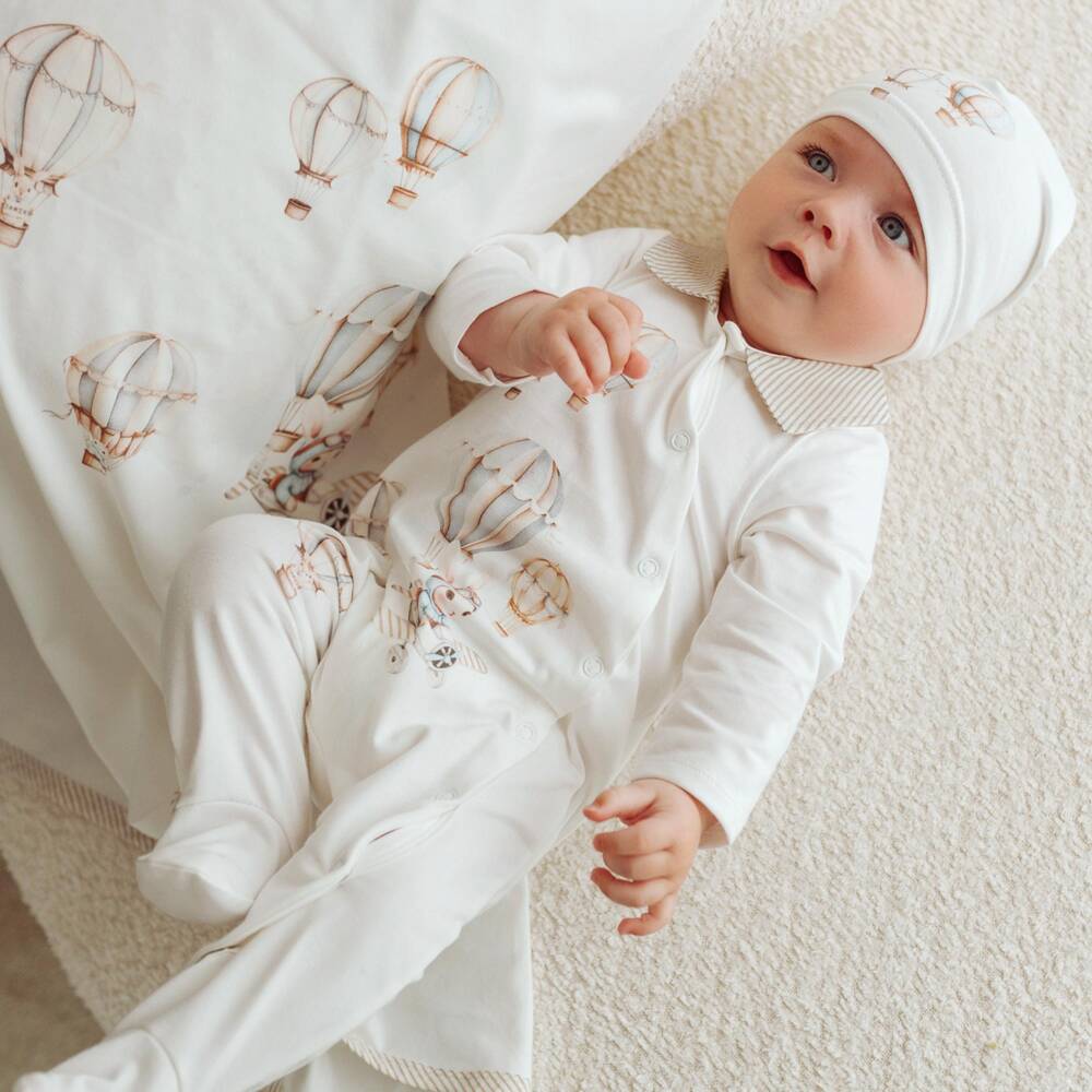 Jamiks-Boys Ivory Cotton Hot Air Balloon Print Babygrow | Childrensalon
