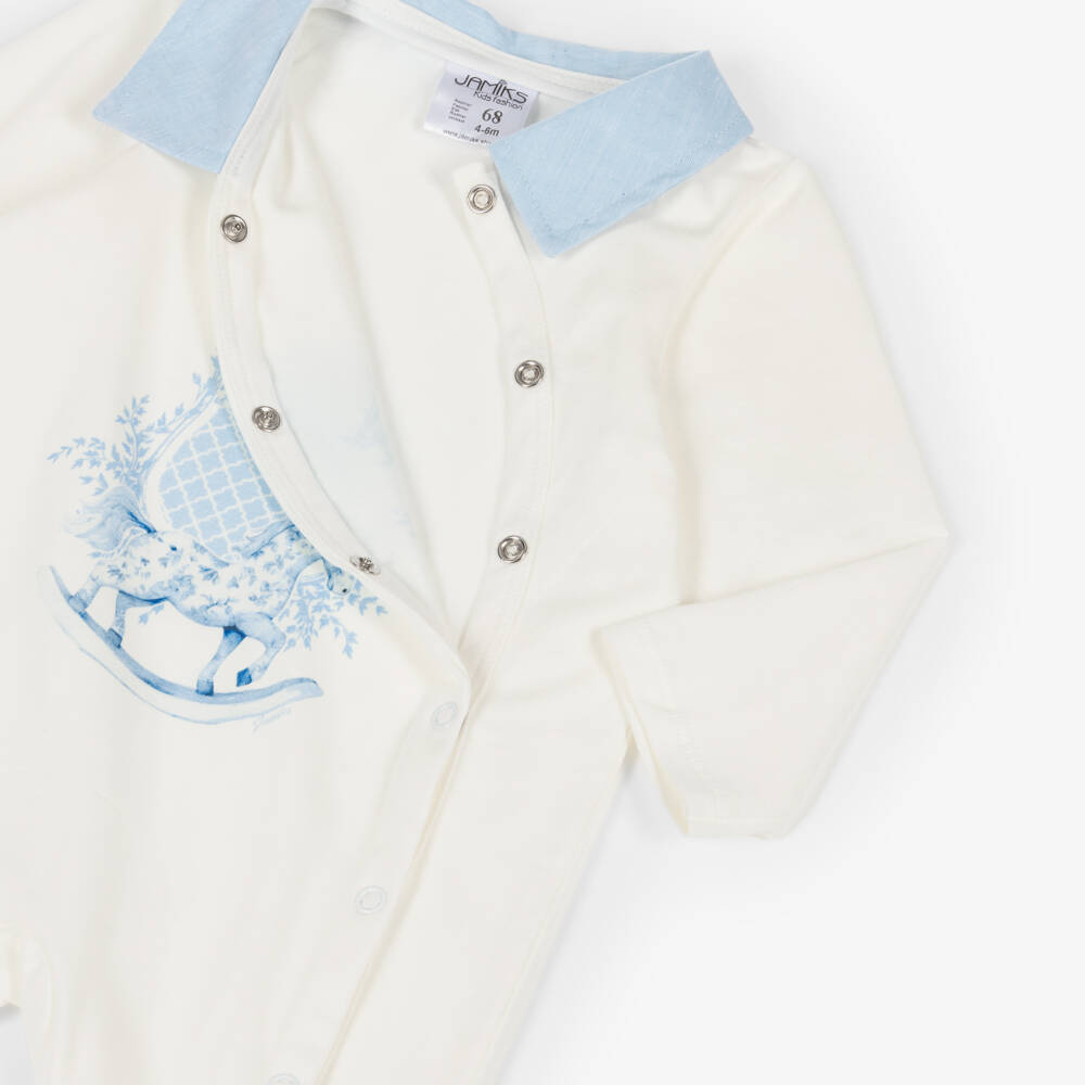 Jamiks-Boys Ivory Cotton Rocking Horse Print Babygrow | Childrensalon