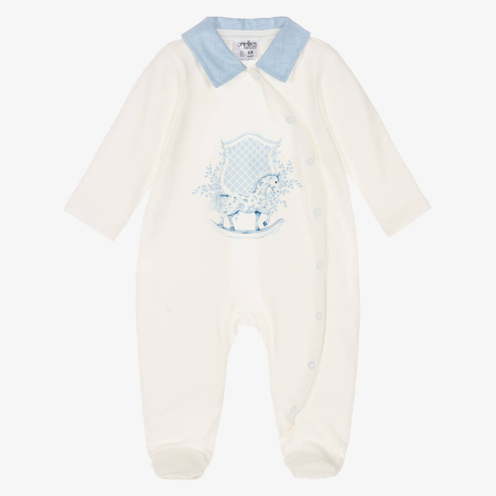 Jamiks-Boys Ivory Cotton Rocking Horse Print Babygrow | Childrensalon
