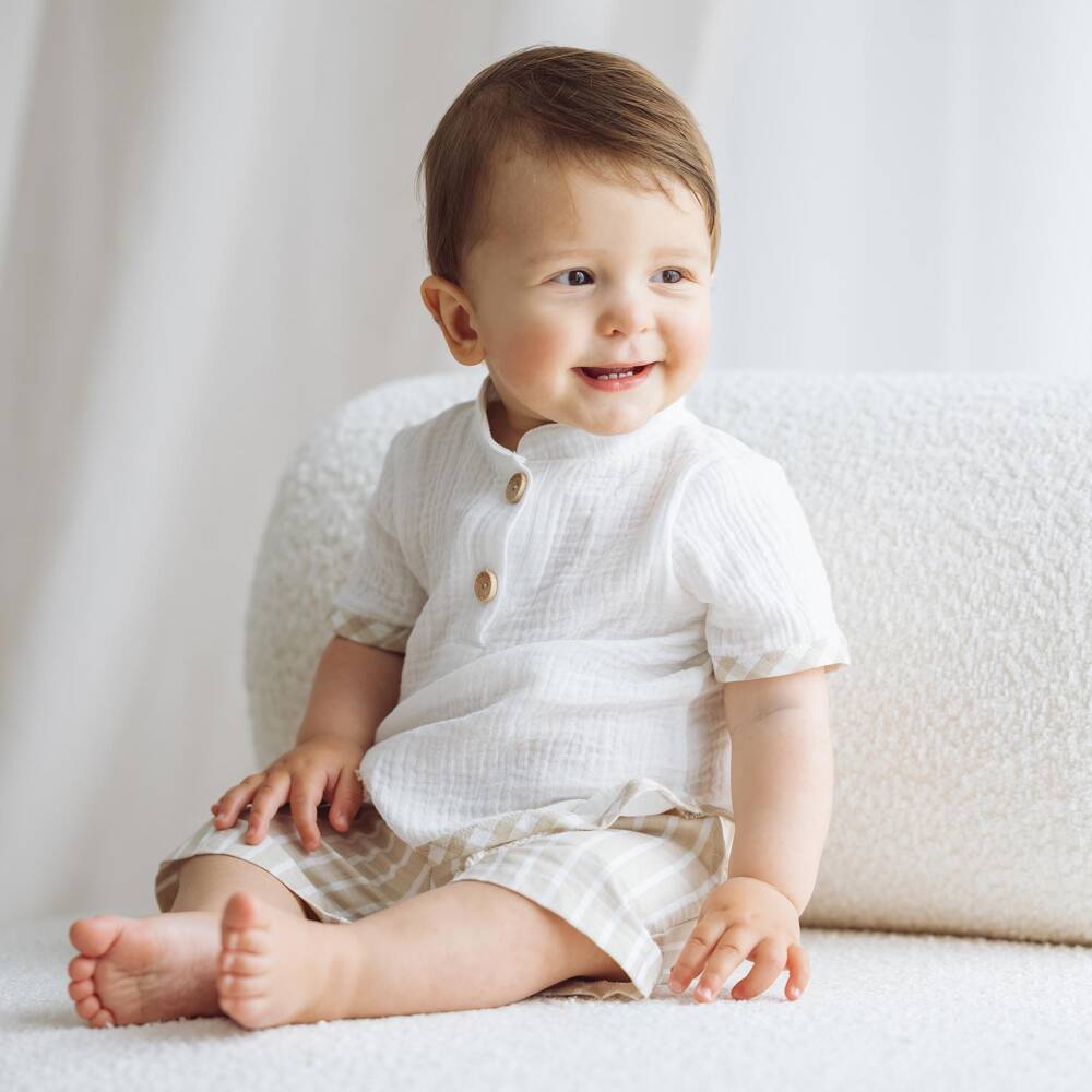 Jamiks-طقم شورت مخطط لون أبيض وبيج للأولاد | Childrensalon