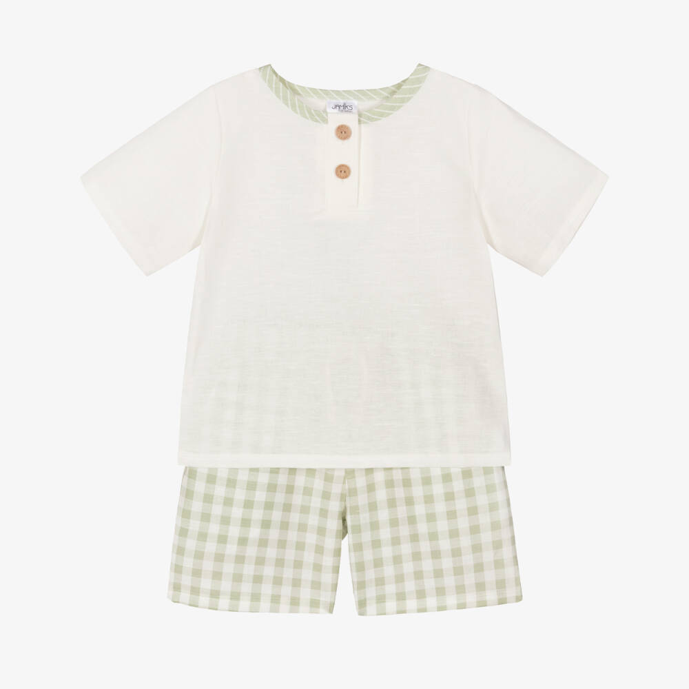 Jamiks-Boys White & Green Checked Shorts Set | Childrensalon