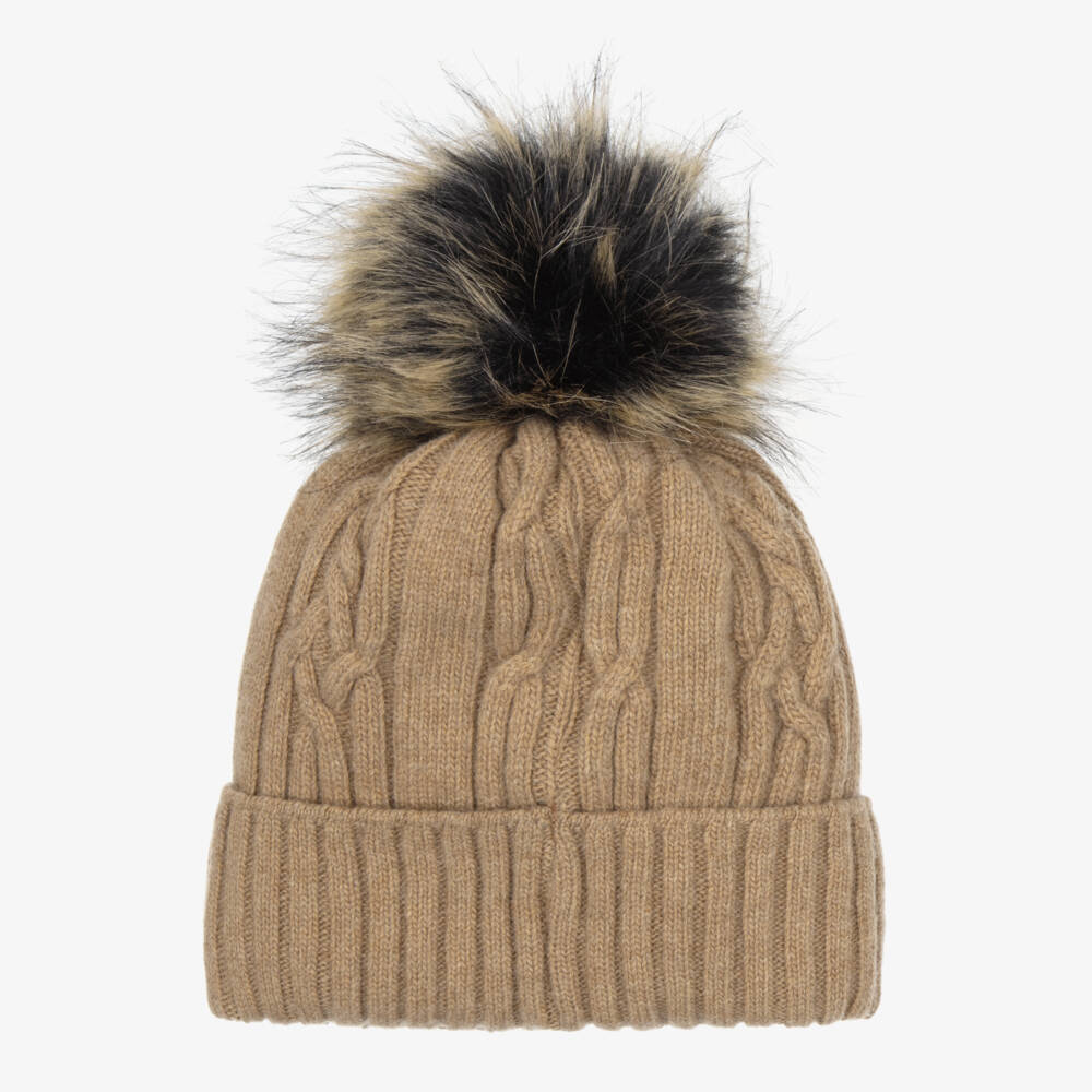 Jamiks-Caramel Beige Knitted Pom-Pom Beanie Hat | Childrensalon