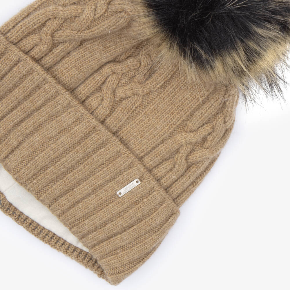 Jamiks-Caramel Beige Knitted Pom-Pom Beanie Hat | Childrensalon
