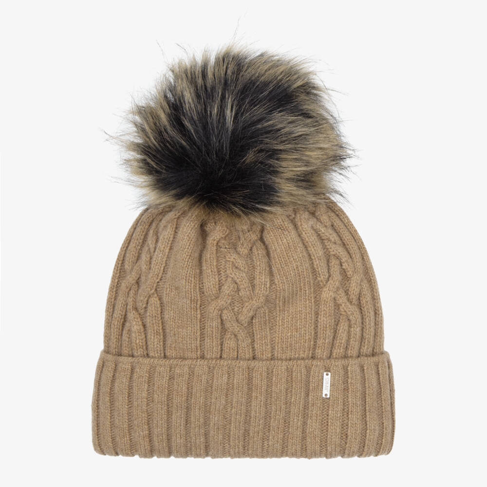 Jamiks-Caramel Beige Knitted Pom-Pom Beanie Hat | Childrensalon
