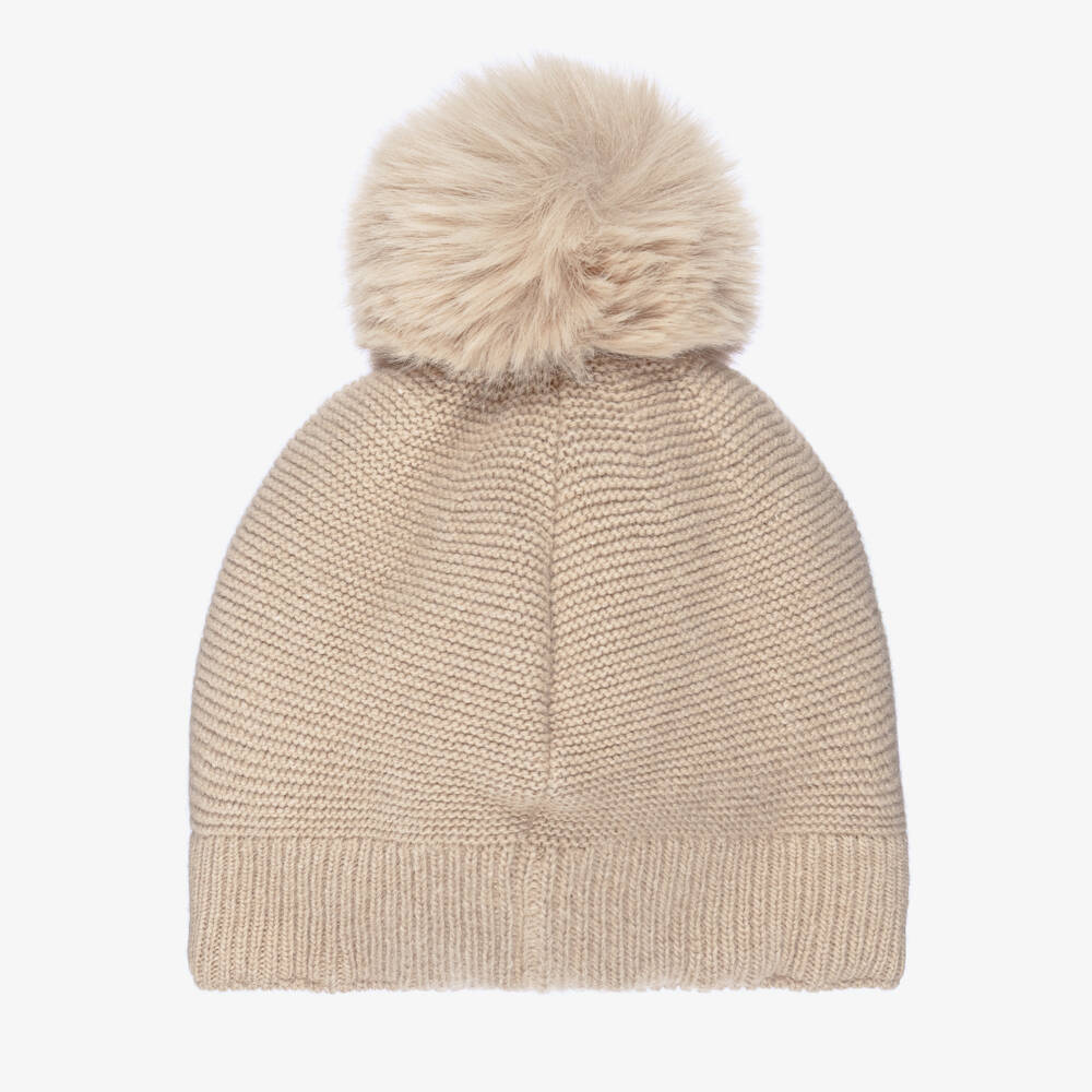 Jamiks-Girls Beige Knitted Hat with Bow & Pom-Pom  | Childrensalon