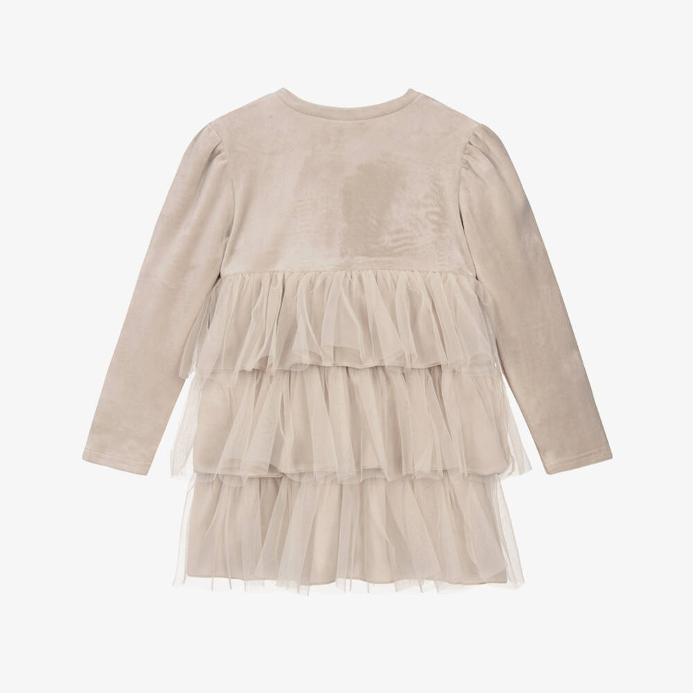 Jamiks-Girls Beige Velour & Tulle Tiered Dress | Childrensalon