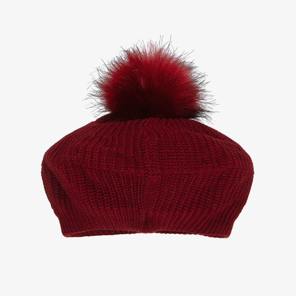 Jamiks-Girls Burgundy Knitted Pom-Pom Beret with Bow | Childrensalon