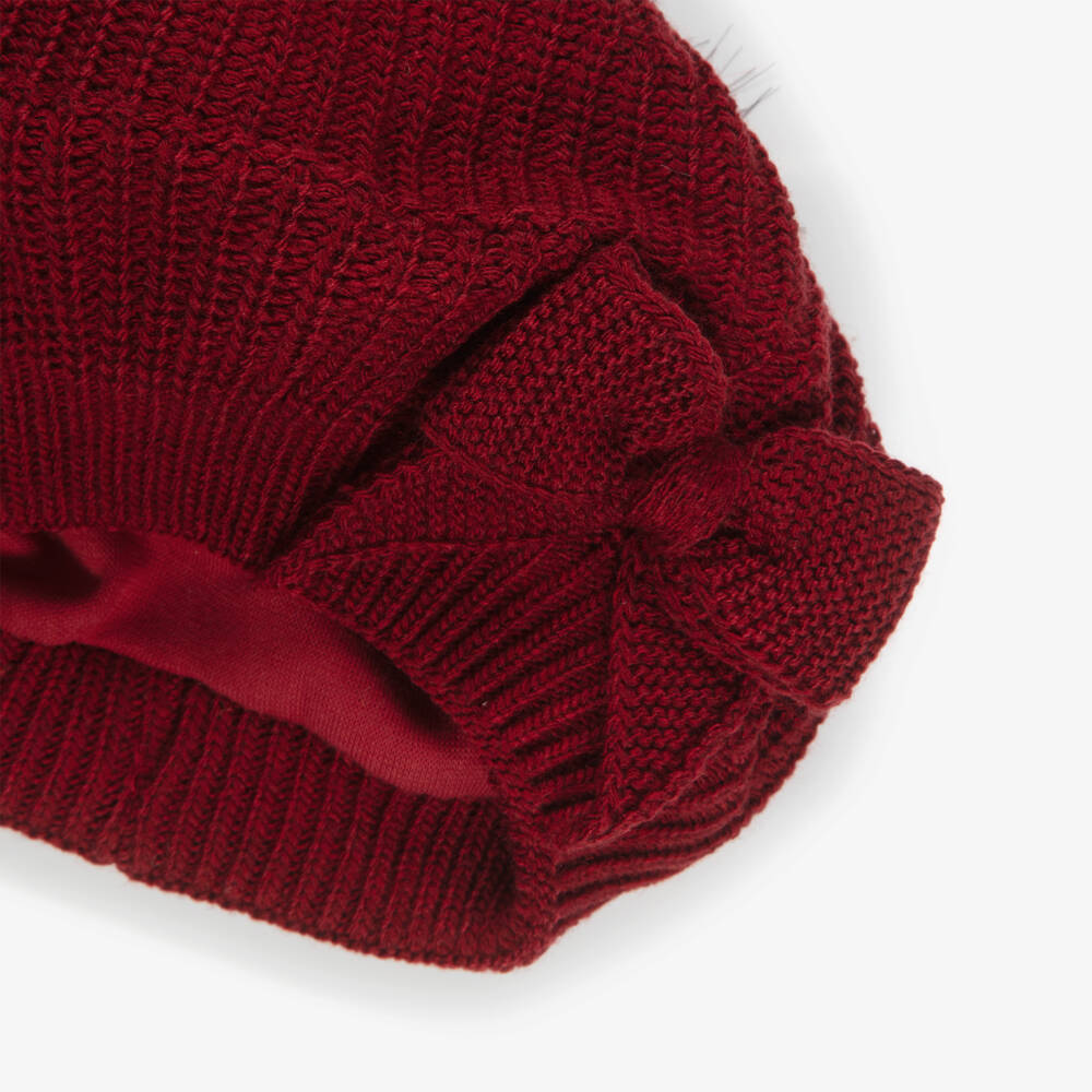 Jamiks-Girls Burgundy Knitted Pom-Pom Beret with Bow | Childrensalon