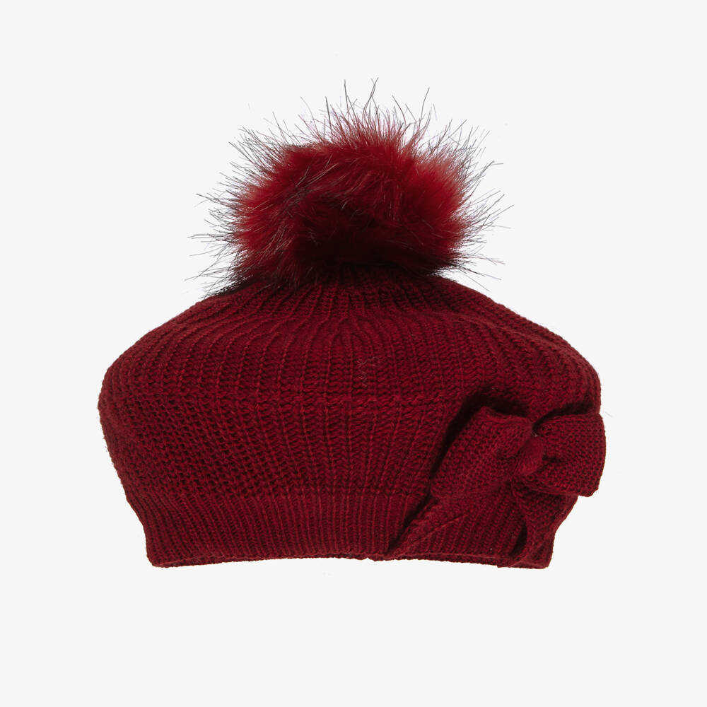 Jamiks-Girls Burgundy Knitted Pom-Pom Beret with Bow | Childrensalon