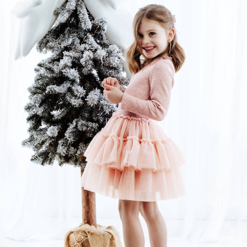 Jamiks-Girls Dusky Pink Knitted Dress with Tulle Skirt | Childrensalon