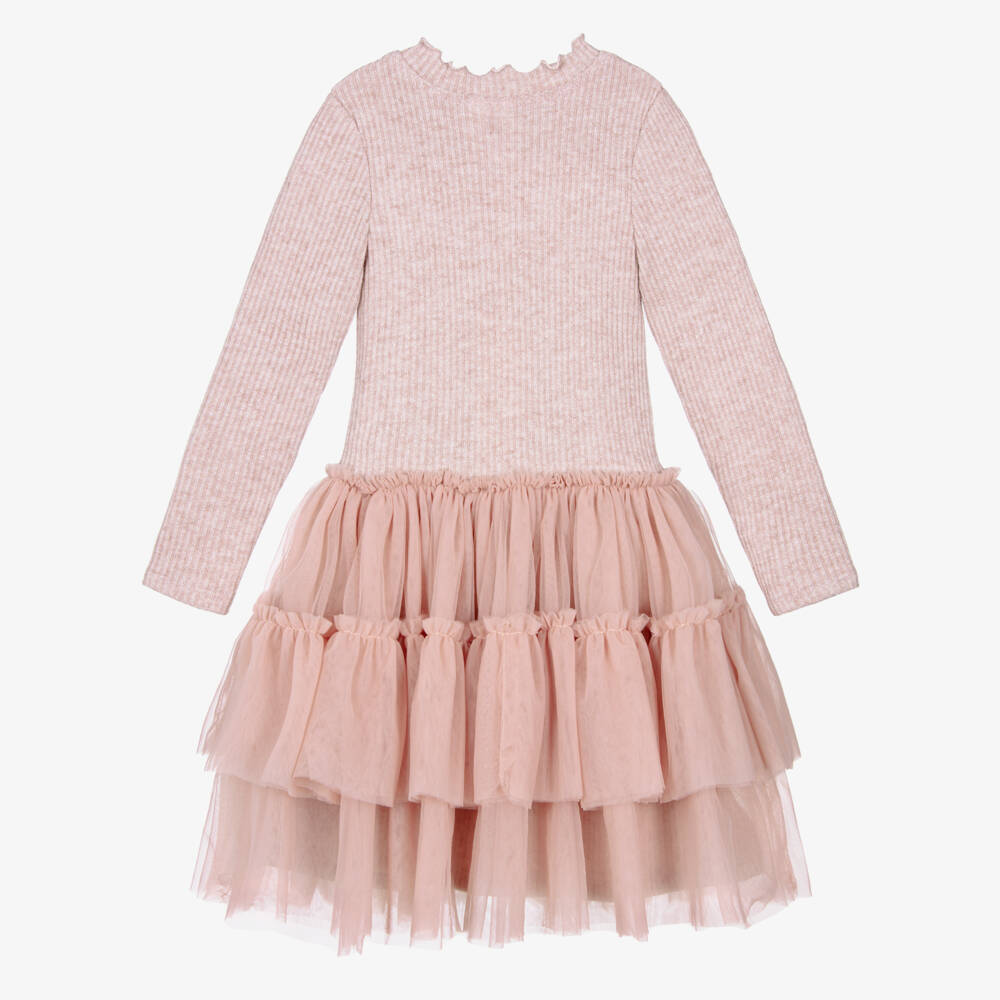 Jamiks-Girls Dusky Pink Knitted Dress with Tulle Skirt | Childrensalon