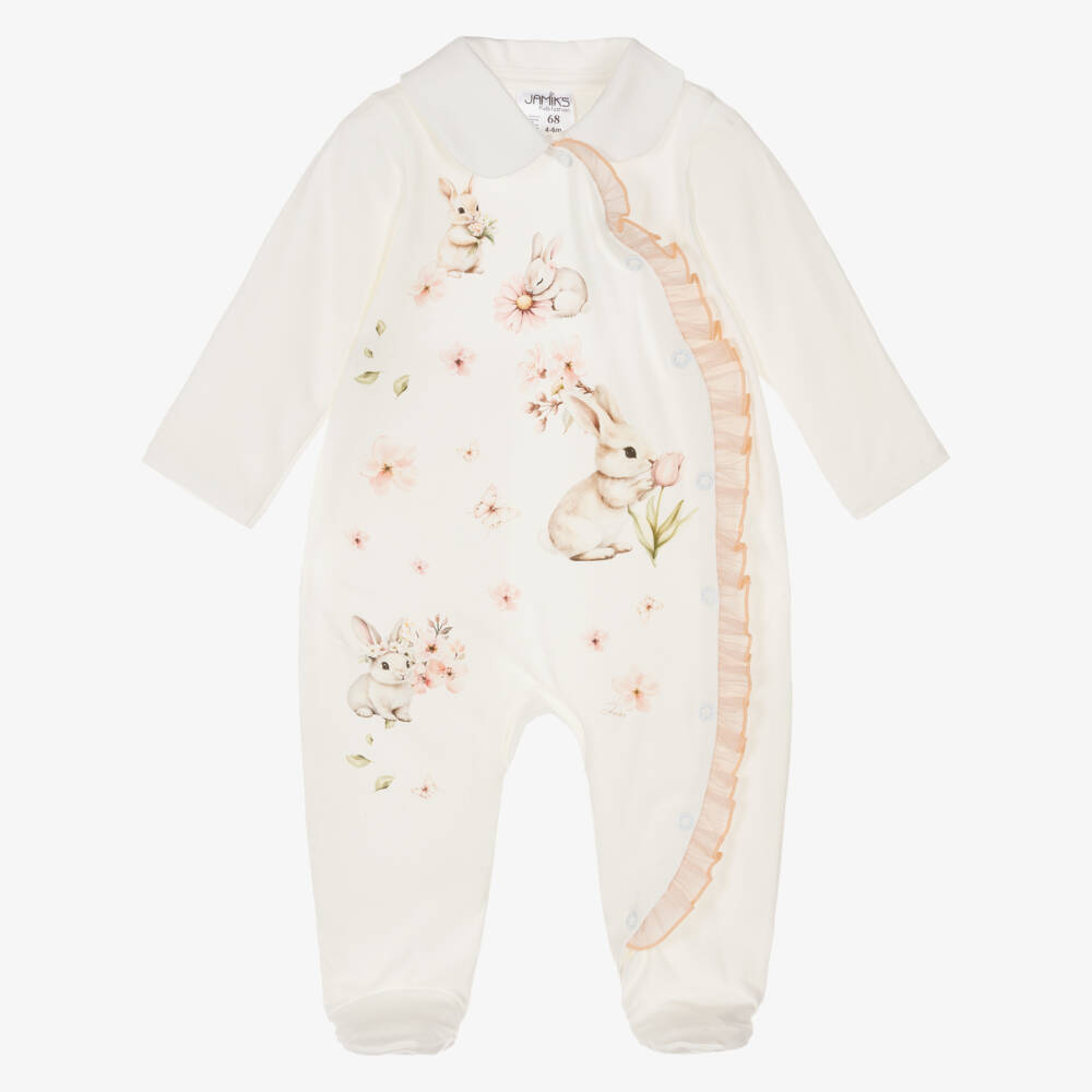 Jamiks-Girls Ivory Cotton Bunny Rabbit Babygrow with Pink Ruffle | Childrensalon