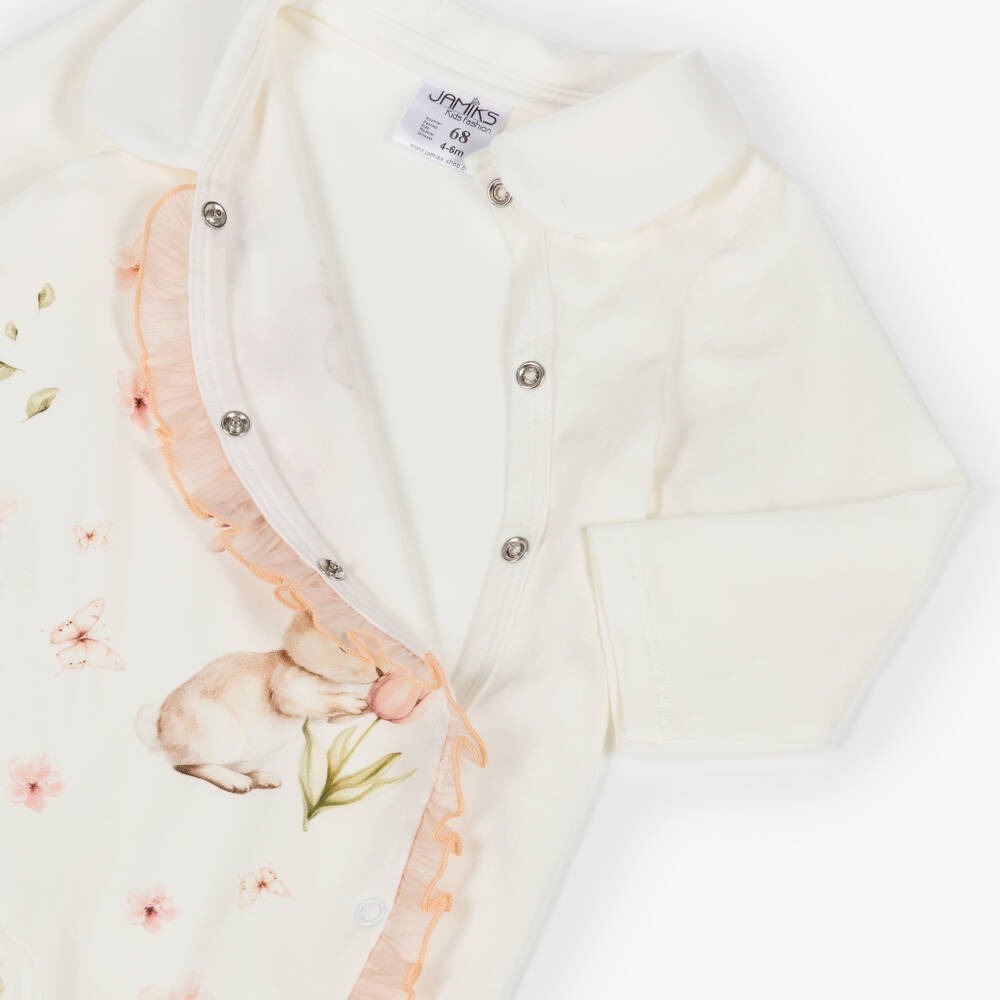 Jamiks-Girls Ivory Cotton Bunny Rabbit Babygrow with Pink Ruffle | Childrensalon