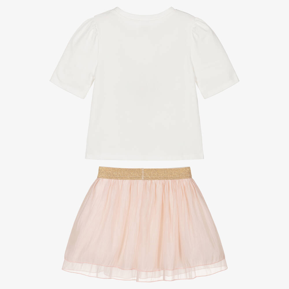 Jamiks-Girls Ivory Cotton Jersey & Pink Organza Skirt Set | Childrensalon
