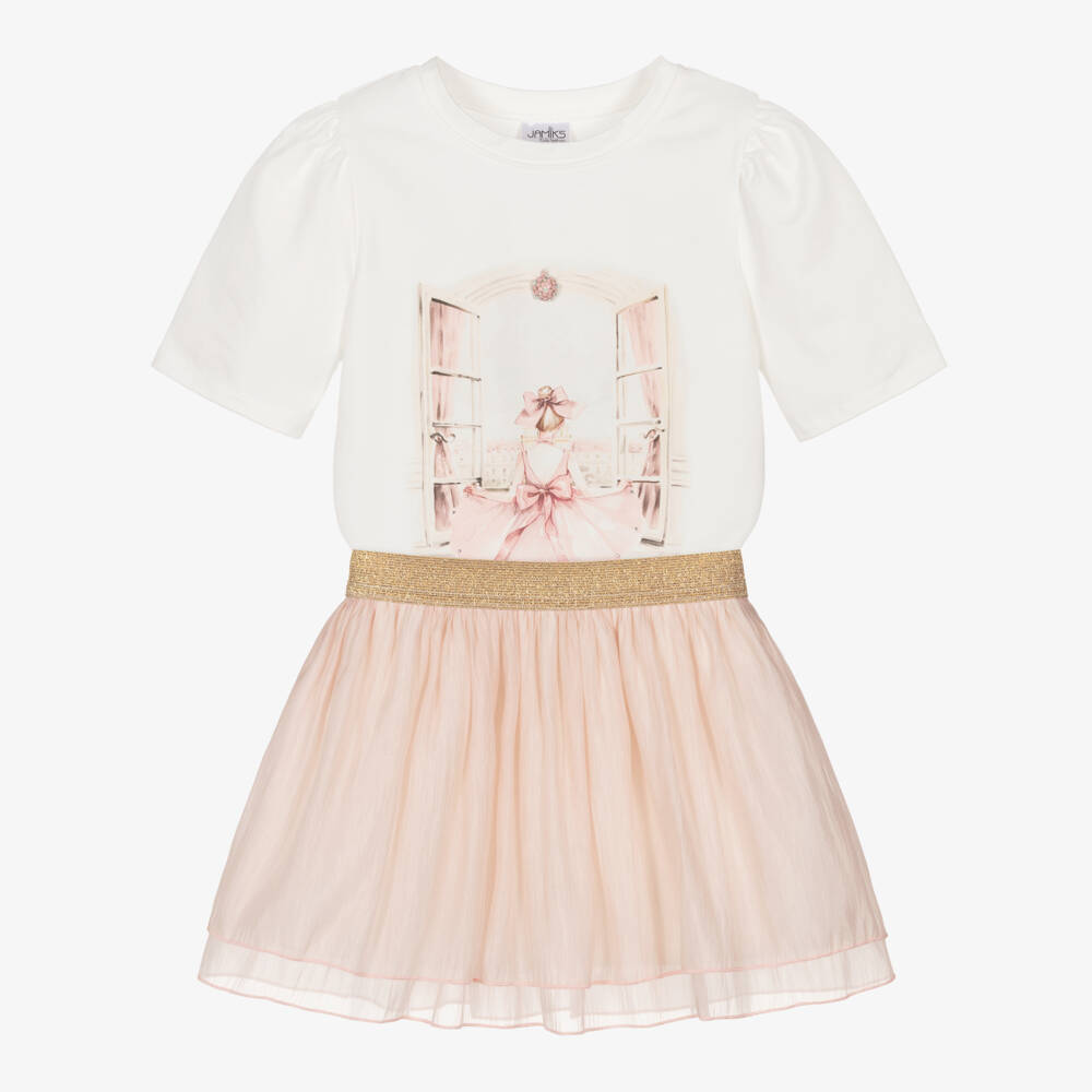 Jamiks-Girls Ivory Cotton Jersey & Pink Organza Skirt Set | Childrensalon