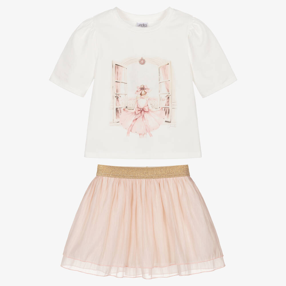 Jamiks-Girls Ivory Cotton Jersey & Pink Organza Skirt Set | Childrensalon