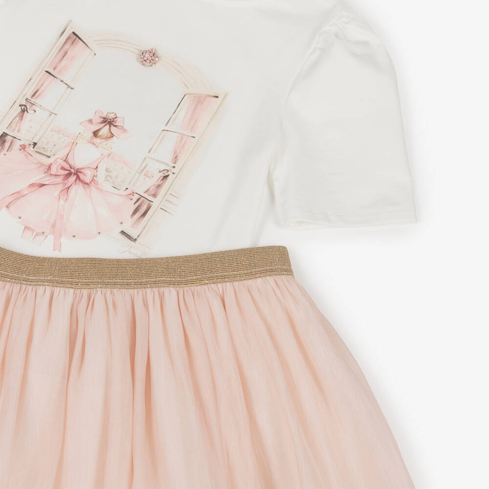 Jamiks-Girls Ivory Cotton Jersey & Pink Organza Skirt Set | Childrensalon