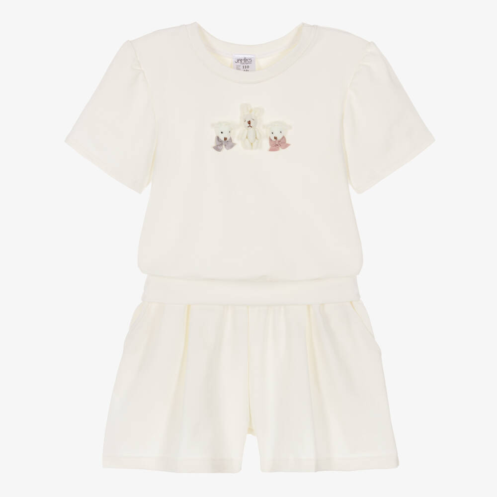 Jamiks-Girls Ivory Cotton Jersey Shorts Set with 3D Rabbit & Teddies | Childrensalon