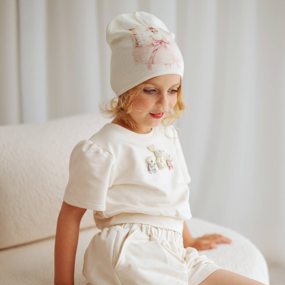 Jamiks-طقم شورت قطن جيرسي لون عاجي للبنات | Childrensalon