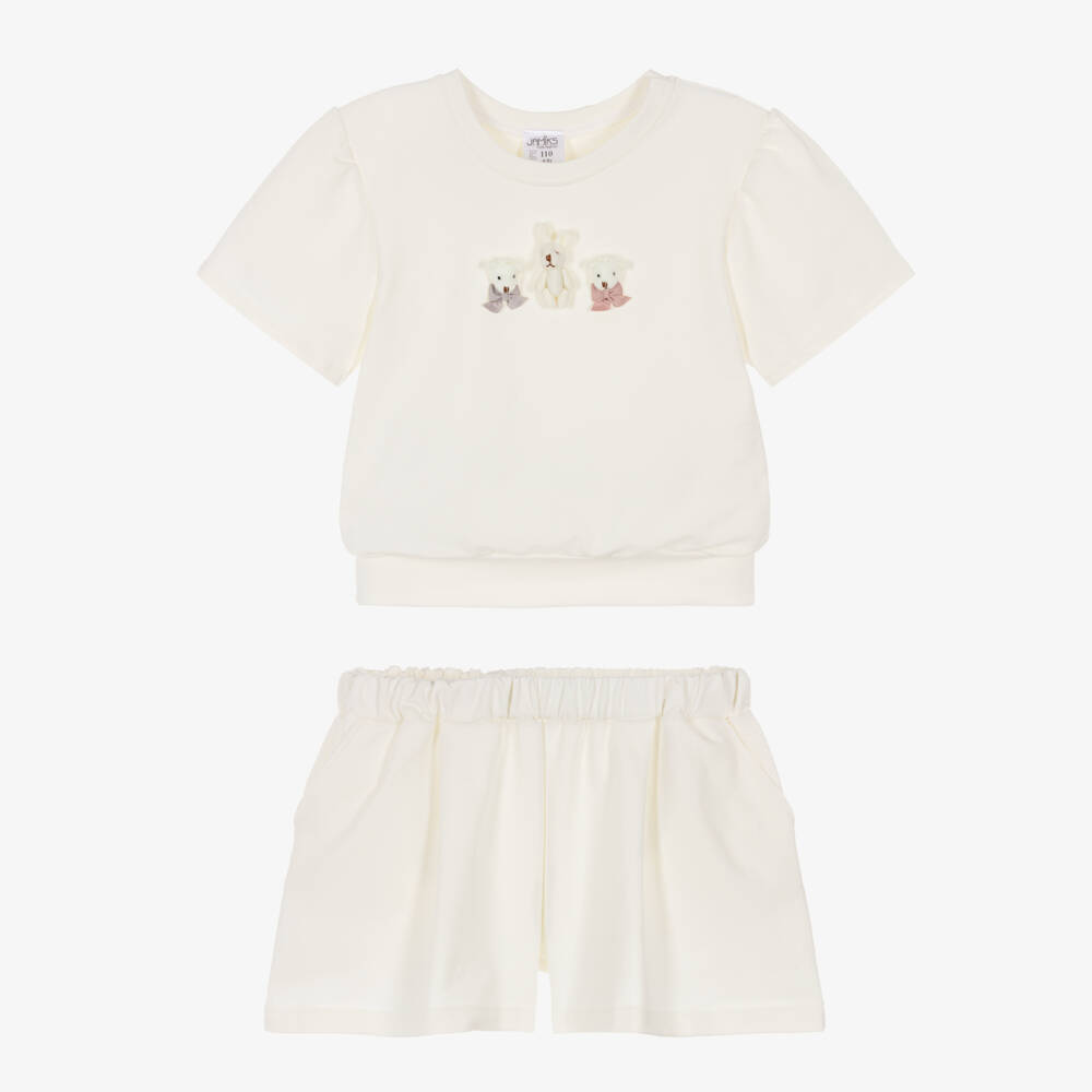 Jamiks-Girls Ivory Cotton Jersey Shorts Set with 3D Rabbit & Teddies | Childrensalon
