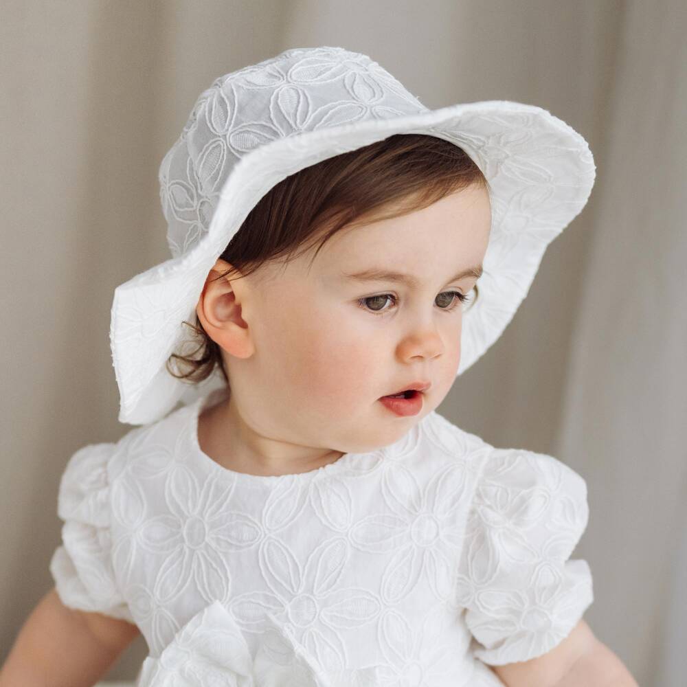 Jamiks-قبعة شمسية قطن بتطريز ورود لون عاجي للبنات | Childrensalon