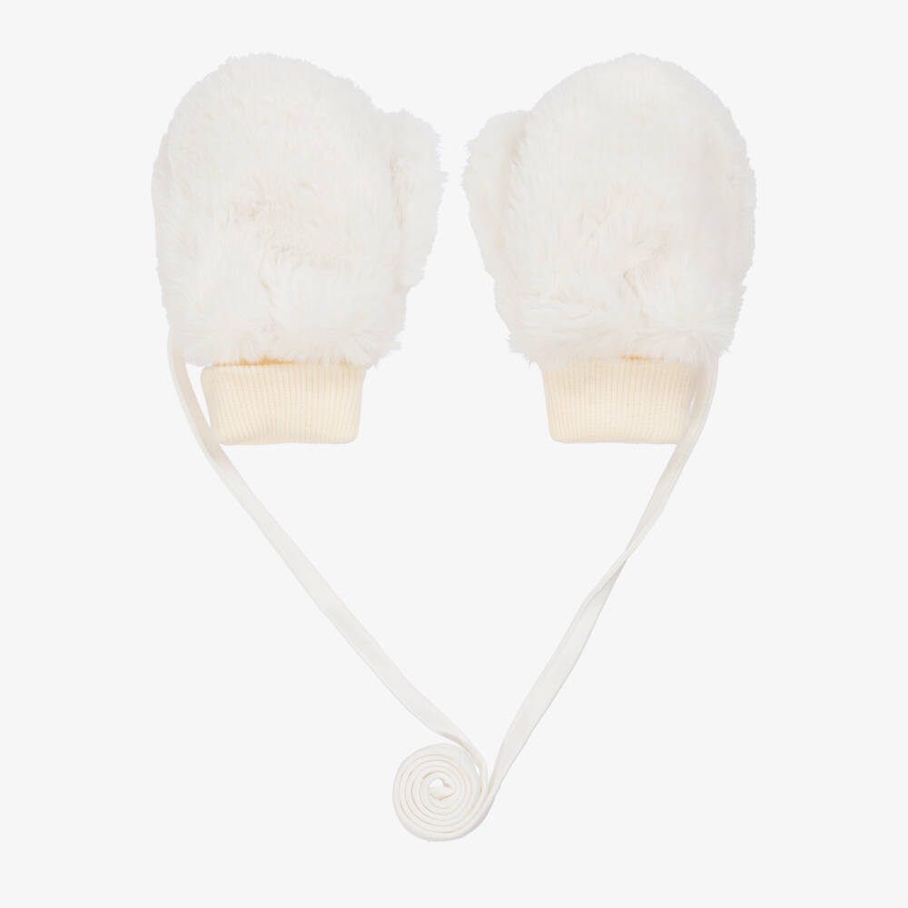 Jamiks-Girls Ivory Faux Fur Mittens with Attached Ties | Childrensalon