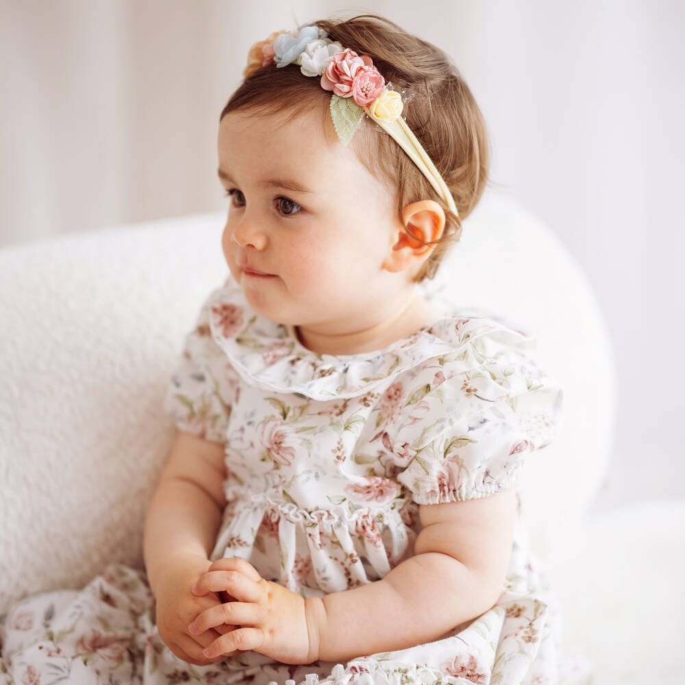 Jamiks-Girls Ivory Floral Print Cotton Dress | Childrensalon