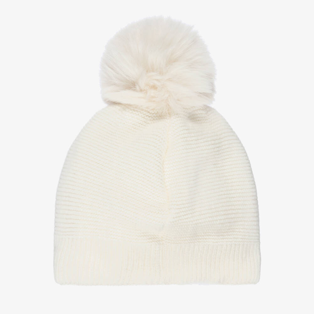 Jamiks-Girls Ivory Knitted Hat with Bow & Pom-Pom | Childrensalon