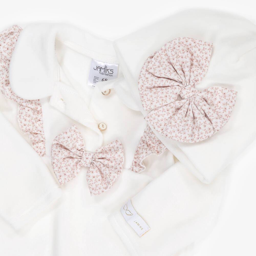 Jamiks-Girls Ivory & Pink Velour Floral Bow Babysuit Set | Childrensalon