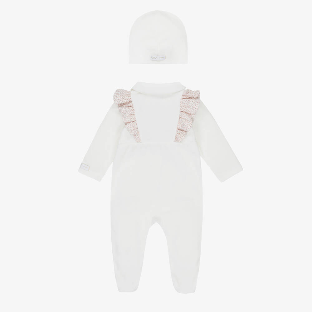 Jamiks-Girls Ivory & Pink Velour Floral Bow Babysuit Set | Childrensalon