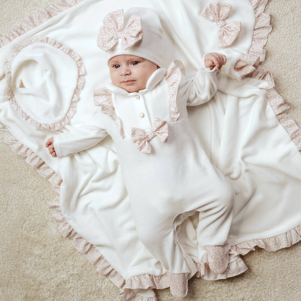 Jamiks-Girls Ivory & Pink Velour Floral Bow Babysuit Set | Childrensalon