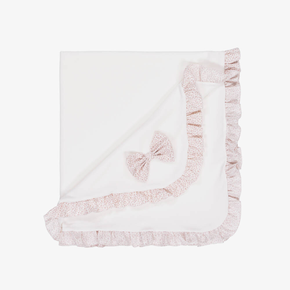 Jamiks-Girls Ivory & Pink Velour Floral Bow Blanket (85cm) | Childrensalon