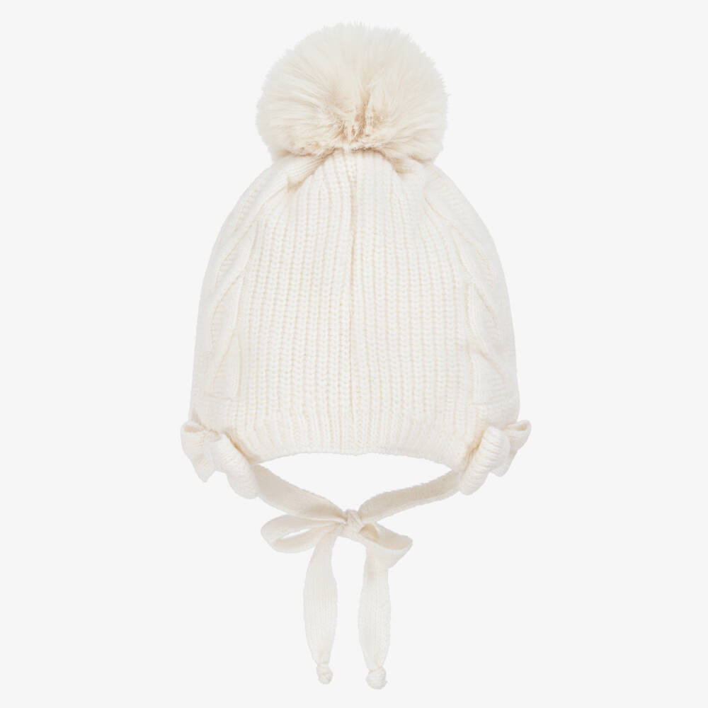 Jamiks-قبعة بوم بوم محبوكة ومزينة بفيونكة لون عاجي للبنات | Childrensalon