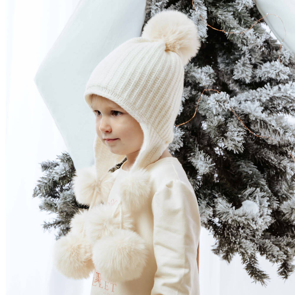 Jamiks-Girls Ivory Ribbed Wool Knit Hat with Faux Fur Pom-Poms | Childrensalon