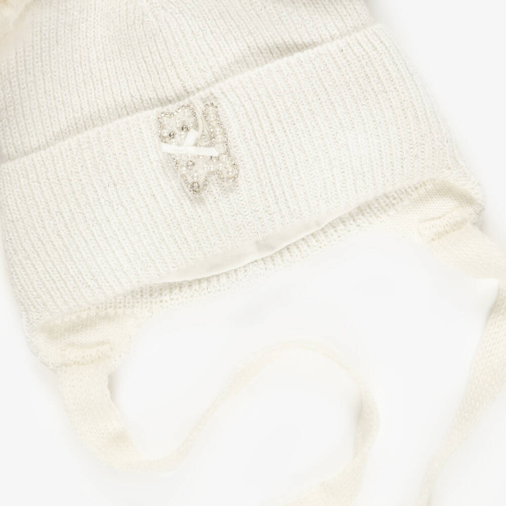 Jamiks-Girls Ivory Shimmery Knitted Hat with Kitty Motif | Childrensalon