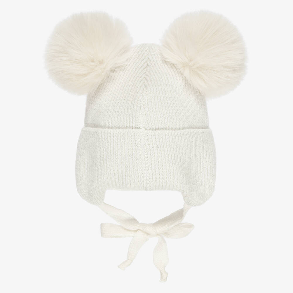 Jamiks-Girls Ivory Shimmery Knitted Hat with Kitty Motif | Childrensalon