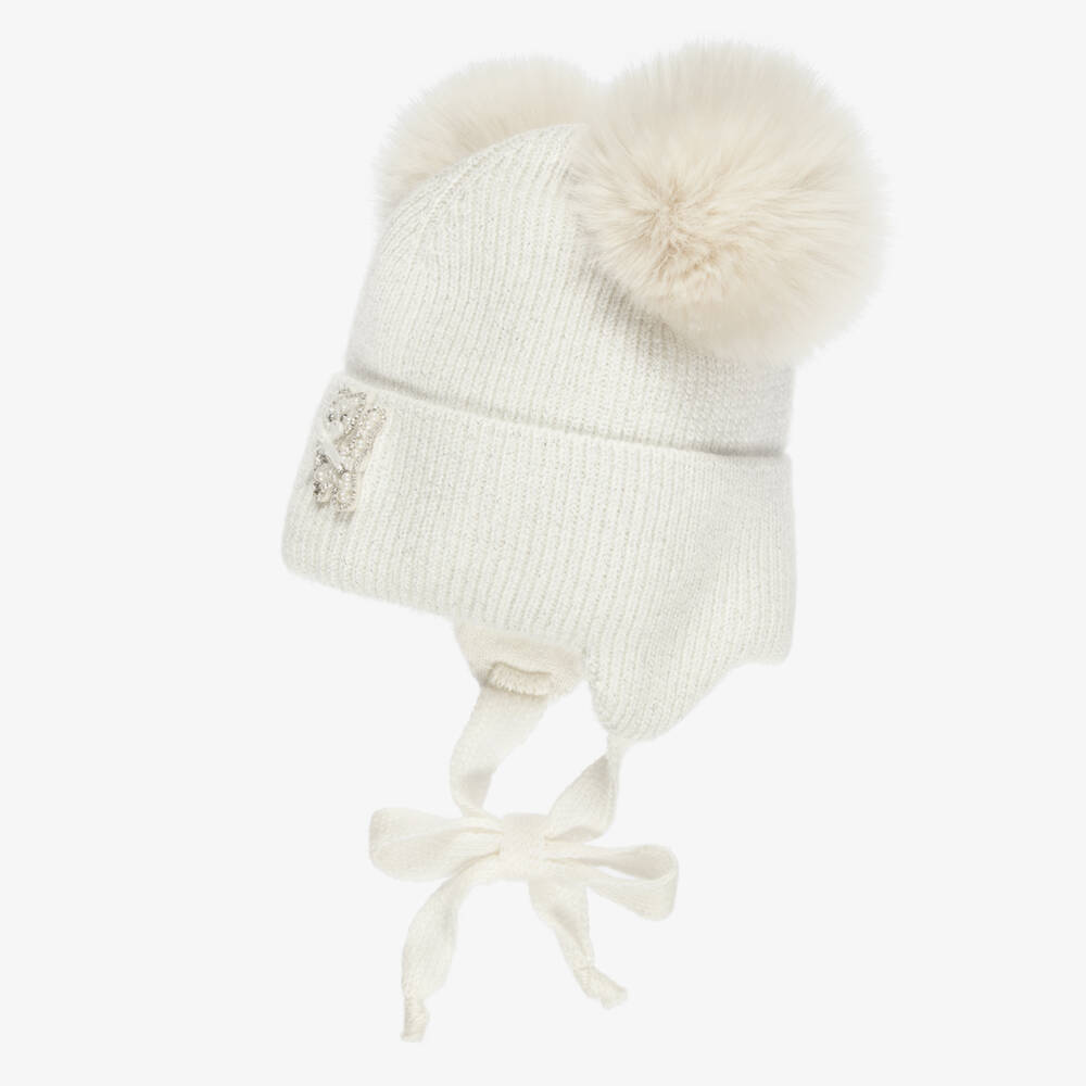 Jamiks-Girls Ivory Shimmery Knitted Hat with Kitty Motif | Childrensalon