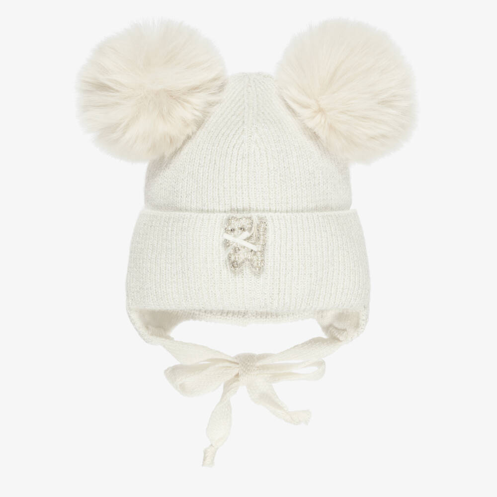 Jamiks-Girls Ivory Shimmery Knitted Hat with Kitty Motif | Childrensalon