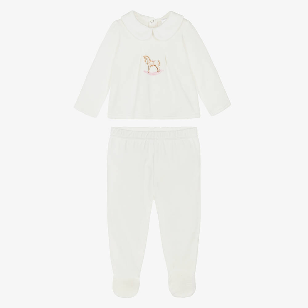 Jamiks-Girls Ivory Velour Rocking Horse 2 Piece Babygrow | Childrensalon