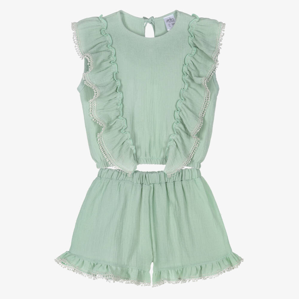 Jamiks-Girls Mint Green Cheesecloth Shorts Set with Ruffles | Childrensalon