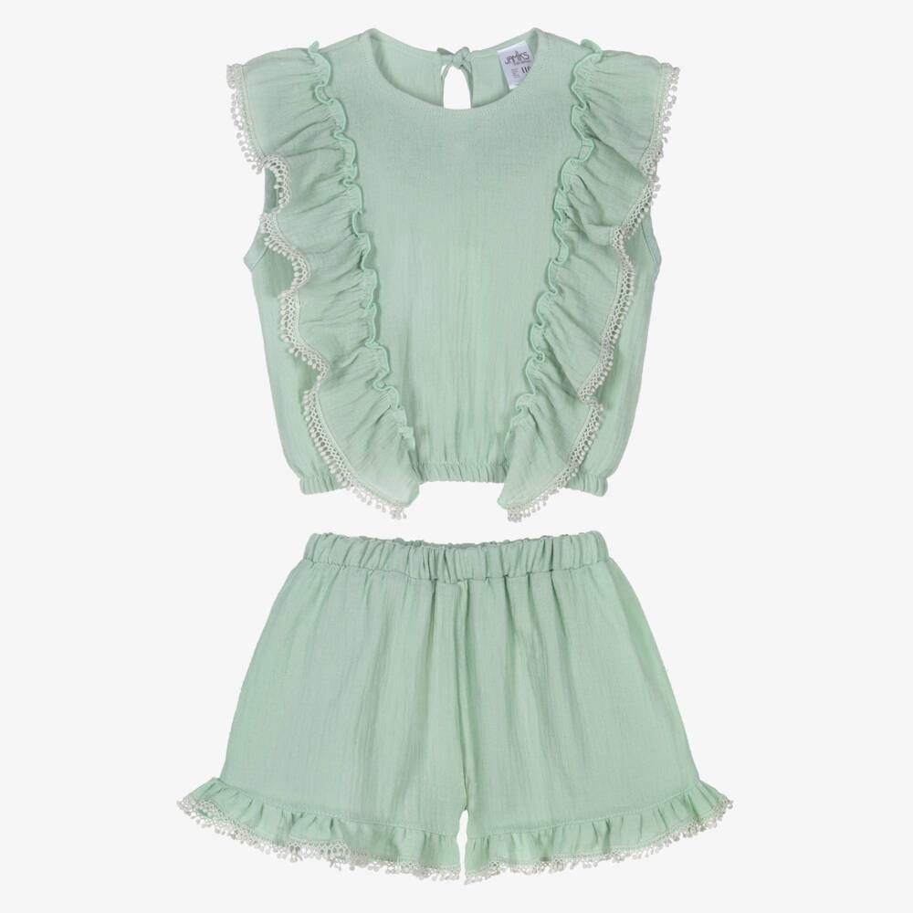 Jamiks-Girls Mint Green Cheesecloth Shorts Set with Ruffles | Childrensalon