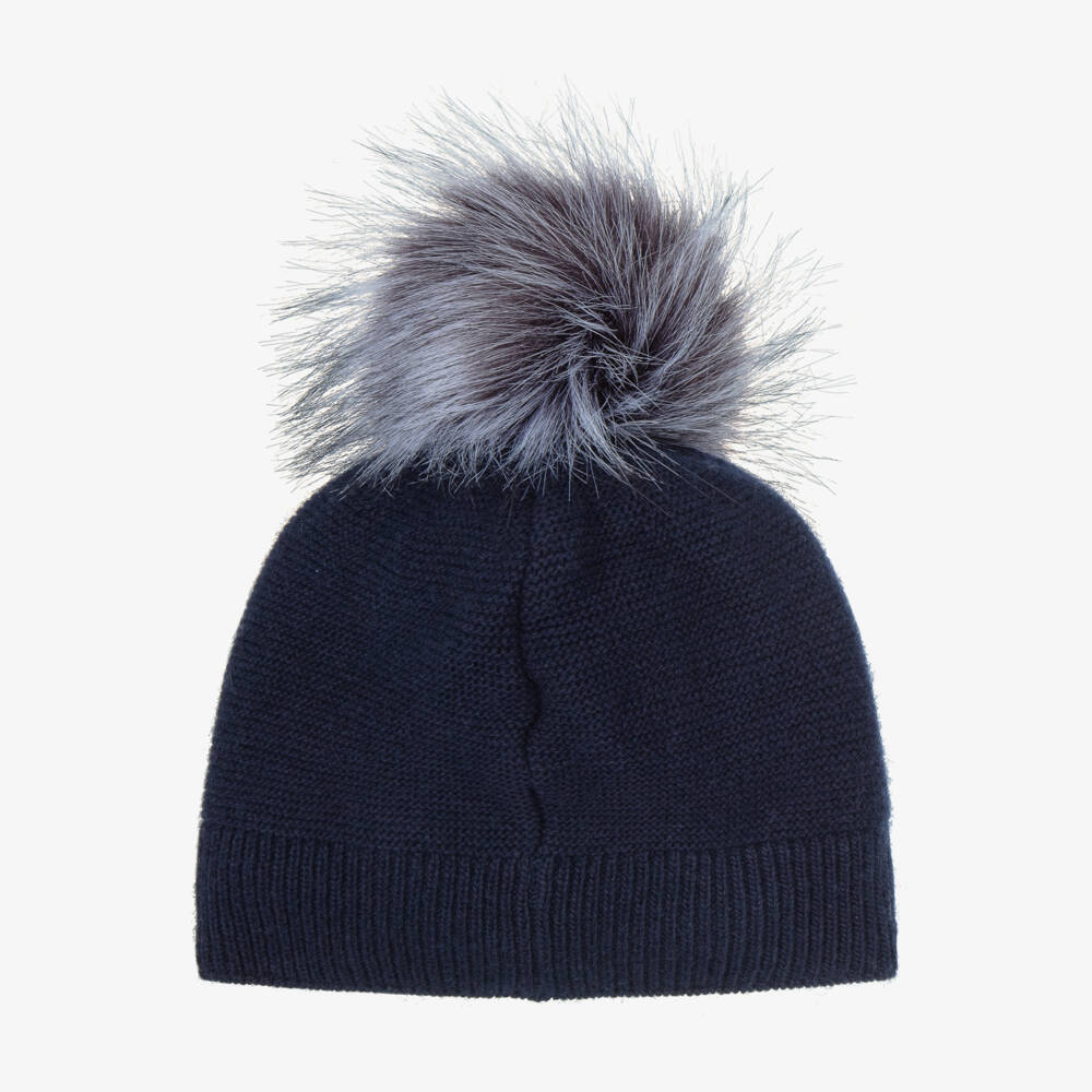 Jamiks-Girls Navy Blue Knitted Beanie with Pom-Pom | Childrensalon